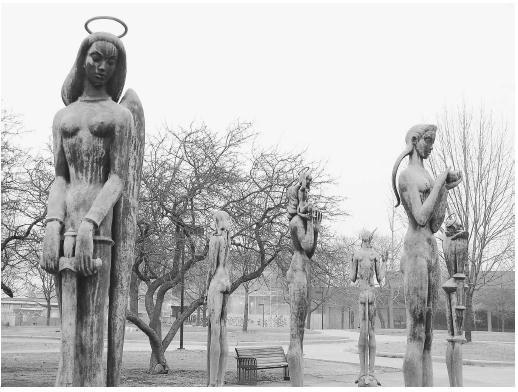 These statues, "Saints and Sinners" by sculptor Marshall Fredericks at Oakland University, Rochester, Michigan, were exposed to acid rain. The reaction of water with sulfur dioxide and nitrogen oxides forms acidic compounds, speeding the statues' decay.