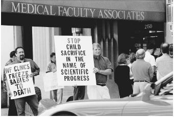 Demonstrators outside George Washington University Hospital, Washington, D.C., protesting embryonic stem cell research.