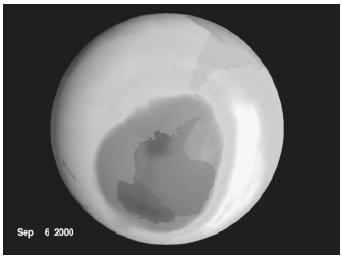 The decomposition of Freons in the atmosphere contributes to the destruction of the ozone layer. In this image, the ozone hole is visible over Antarctica.