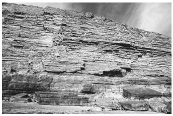 This seacliff in Wales shows strata of banded liassic limestone and shale.