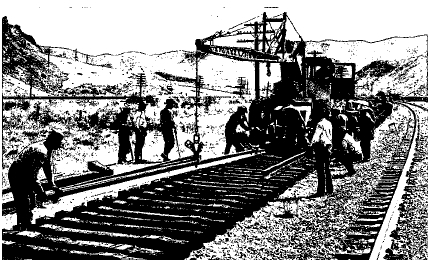 Men and machine lay railroad tracks. A common alloy of manganese, ferromanganese, is contained in the steel used to produce railroad tracks.