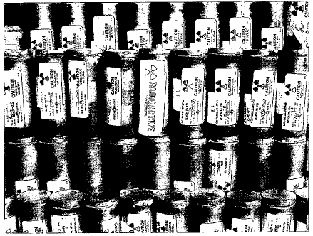 Lead canisters used to store radioactive xenon for medical diagnostic purposes.