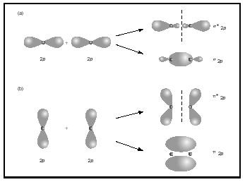 Figure 3. Combination of p atomic orbitals to form (a) sigma MOs by end-to-end interactions or (b) pi MOs by sideways interaction.
