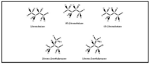 Figure 4. Structural representations for the five different C4H9Br molecules.