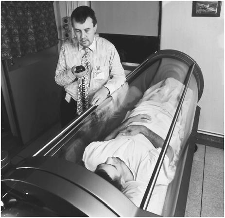 A patient is undergoing hyperbaric oxygen therapy.
