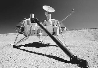 A full-scale operational model of the Mars Viking Lander, with its mechanical soil-collecting arm extended.