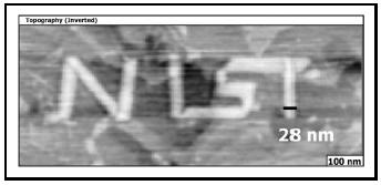 Figure 7. Nanowriting of a mercaptbenzoic acid layer into a background layer of dodecanethiol using nanografting. The height contrast is inverted to make the "nist" appear bright. The thickness of the "t" is only 28 nm. (Courtesy of Dr. Jayne Garno, NIST).