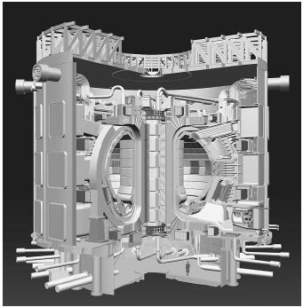 A cutaway of the ITER tokamak device. A goal of the ITER project is to create sustainable energy by means of fusion.